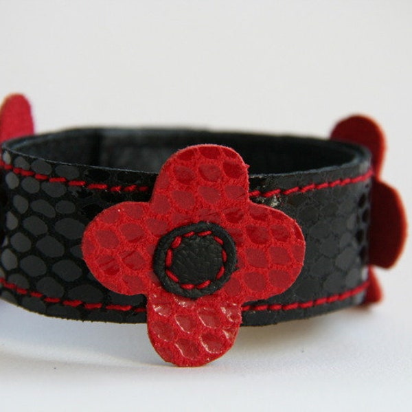 Lederarmband*Black*RED FLOWER*