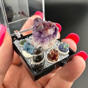Puede incluir: Una pequeña vitrina de plástico transparente que contiene una colección de gemas coloridas. La vitrina contiene un gran cristal de amatista púrpura, junto con varias piedras más pequeñas en tonos azules, marrones y verdes. La vitrina se sostiene en una mano con esmalte de uñas rosa brillante.