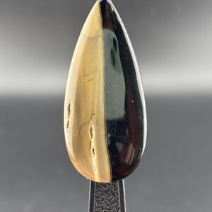 Könnte beinhalten: Ein tropfenförmiger Edelstein, vertikal geteilt mit einer goldbraunen und schwarzen polierten Oberfläche. Der Stein ist auf einer dunklen, strukturierten Metallbasis montiert, die seine natürlichen Farbvariationen hervorhebt.