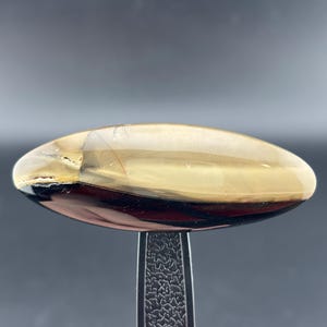 Könnte beinhalten: Ein ovaler Edelstein mit polierter Oberfläche. Der Stein weist einen Farbverlauf auf, darunter Brauntöne, Beige und Creme. Der Edelstein wird von einem dunklen Metallwerkzeug mit strukturiertem Muster gehalten.