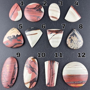 May include: A collection of twelve polished cabochon gemstones arranged in three rows, each featuring unique patterns of cream, red, brown, and black mineral inclusions. The stones vary in shape, including teardrop, oval, circular, and triangular forms.