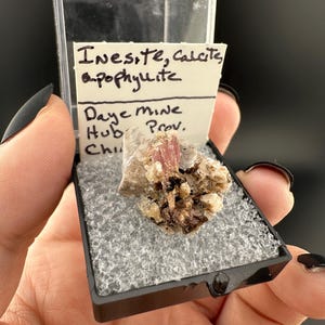 May include: A small mineral specimen in a clear plastic display case. The specimen features a cluster of pink, white, and brown crystals. A handwritten label identifies the minerals as Inesite, Calcite, and Apophyllite, from the Daye Mine, Hubei Province, China.