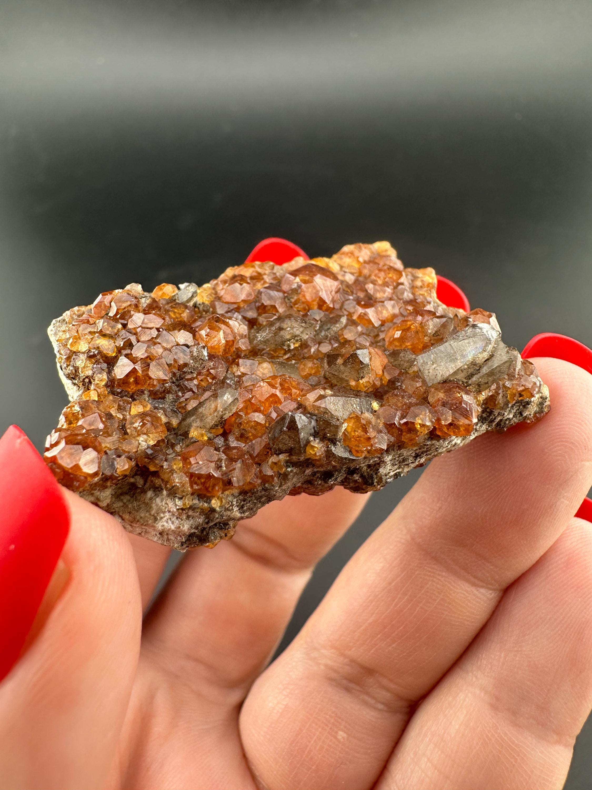 Spessartine Garnets on Smoky Quartz - Crystal Cluster - Fujian, China
