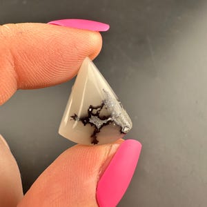 May include: A triangular, polished gemstone with a white base and intricate black and silver dendritic patterns. The stone is held between fingers with bright pink nail polish.