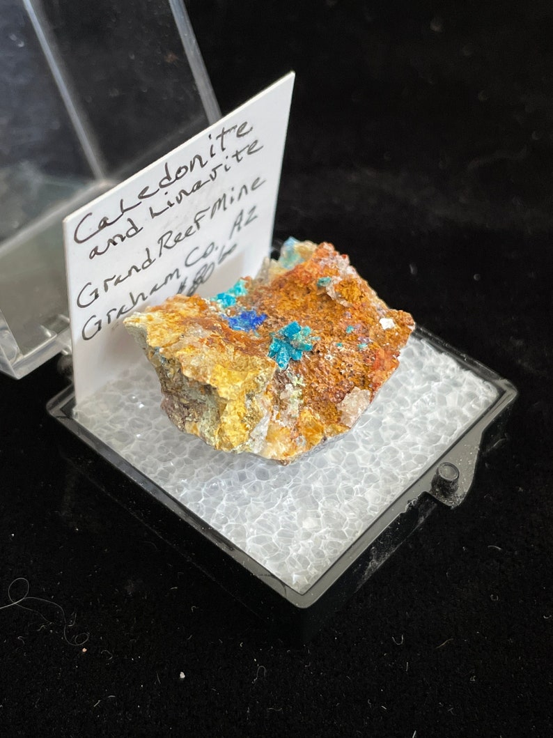 Caledonite and Linarite Thumbnail Crystal Grand Reef Mine Graham County, Arizona image 1