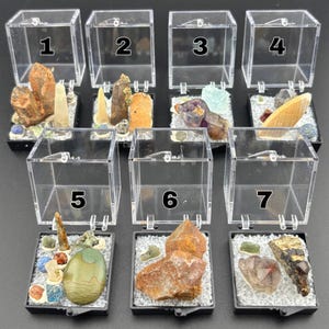 Colección de Cristales en Miniatura: Moldavita, Azurita, Amatista, Granate, Cuarzo (Caja de 2,5 cm)