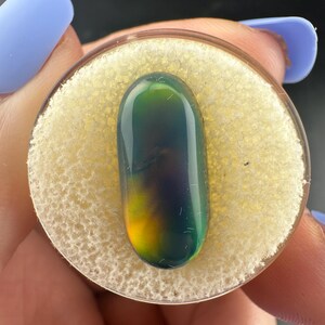 May include: A polished, oval-shaped gemstone with a gradient of colors, including green, yellow, and blue. The stone is set in a clear, circular container with a beige, textured backing. The gemstone is held by a person with light blue nail polish.
