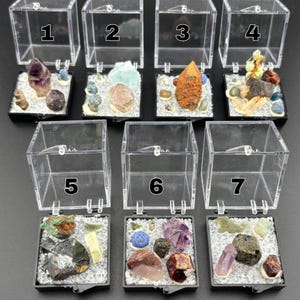 Colección de Cristales en Miniatura: Moldavita, Azurita, Amatista, Granate, Cuarzo (Caja de 2,5 cm)