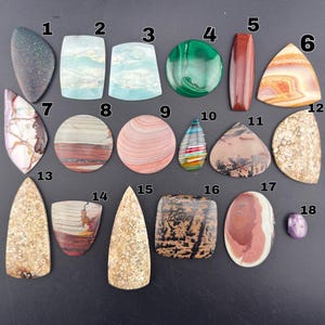 May include: A collection of eighteen polished gemstones in various shapes and colors, numbered one through eighteen. The stones include circular, triangular, teardrop, and rectangular cabochons featuring patterns like stripes, spots, and solid hues.
