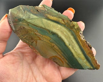 Puede incluir: Una piedra pulida de forma irregular con una mezcla de tonos verdes, marrones y amarillos. La piedra tiene una apariencia en capas con patrones y texturas naturales visibles. Los bordes son ásperos y la forma general es orgánica.