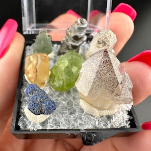Puede incluir: Una pequeña vitrina de plástico transparente llena de varias piedras preciosas de colores. La vitrina contiene una variedad de piedras, incluyendo un gran cristal de cuarzo transparente con inclusiones marrones, un vibrante peridoto verde y una azurita azul oscuro.