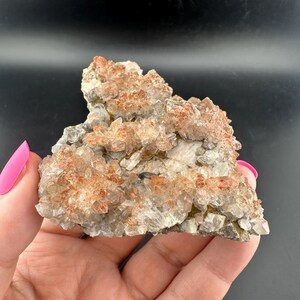 Puede incluir: Un espécimen mineral con un grupo de cristales claros y de color rojo anaranjado. Los cristales están agrupados, creando una superficie texturizada. La pieza se sostiene en una mano sobre un fondo negro.