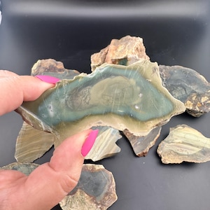 May include: A collection of polished, raw stone slabs. The main piece is held up, showcasing a blend of blue-green and tan hues. Other pieces in shades of brown and gray are scattered in the background. The stones have a natural, earthy appearance.
