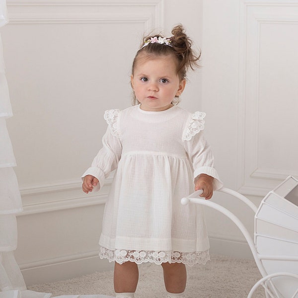 Muslin baptism dress, Baby Girl Dress, Christening gown, Flower Girl Dress, Boho baptism gown, Baptism gown