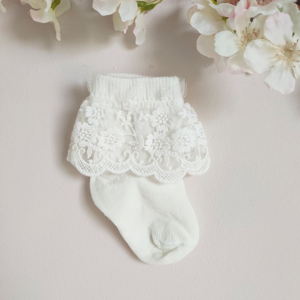 Spitzensocken für Babymädchen, Baumwollsocken mit Spitze, Taufsocken, Taufsocken, Socken mit Spitze, Taufoutfit