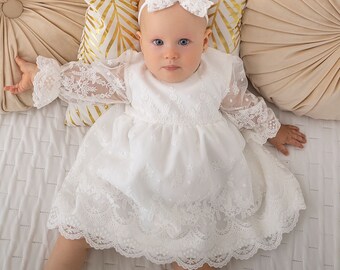 Christening gown, Baptism dress, Christening dress, Baby Girl Dress, Baby outfit, Boho dress, Lace Christening ***HEADBAND GRATIS***