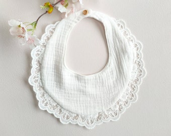 Christening Bib, Muslin Baptism Bib, Baptism bib with lace, Ecru baptism bib, bib with lace, Muslin bib