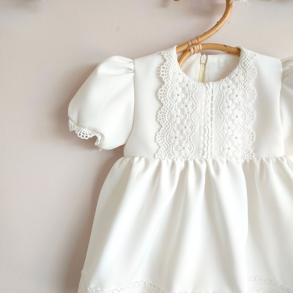 Ecru dress with lace, Baptism dress, Christening gown, Summer baptism gown, Lace dress, Short sleeves dress ***HEADBAND GRATIS***