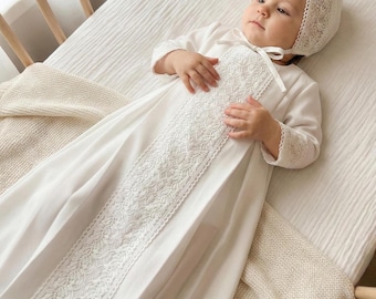 Robe de baptême unisexe en dentelle écru : robe de baptême pour bébé, tenue doublée de coton