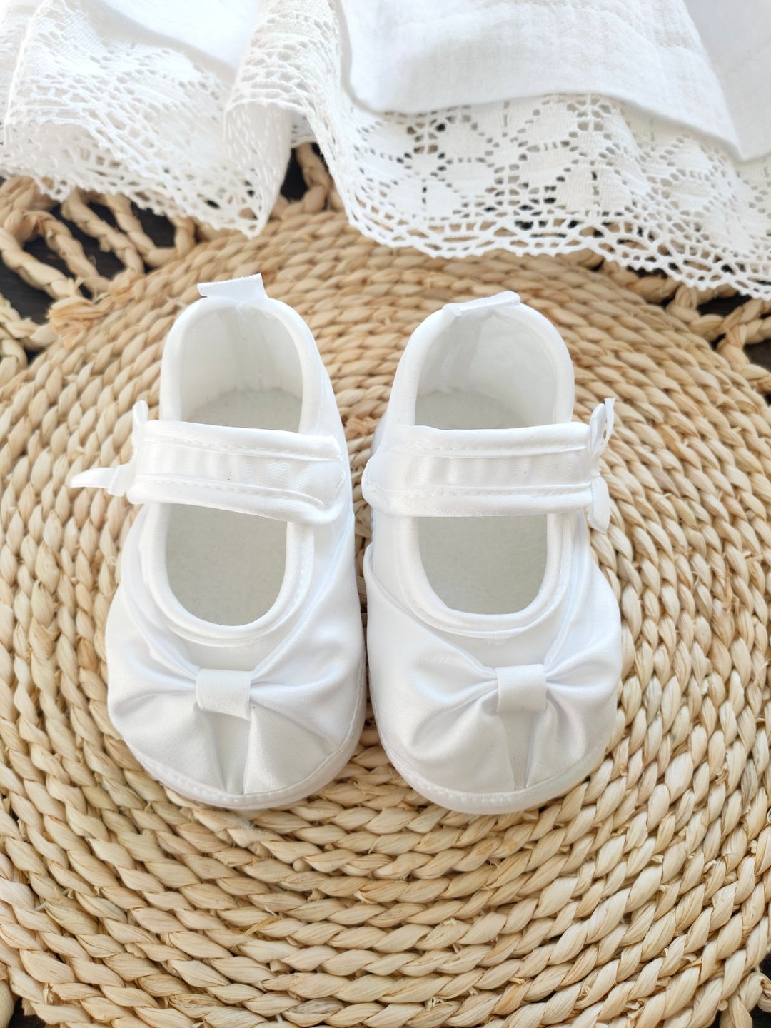 White Satin Shoes, Baby Baptism Shoes, White Baby Christening Booties ...