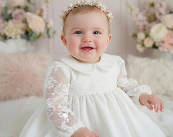 Lace Christening Gown: Ecru Baby Girl Baptism Dress, Cotton Lined