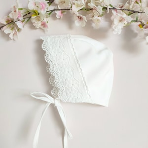 Lace Christening Bonnet: Ecru Baby Bonnet with Cotton Lining