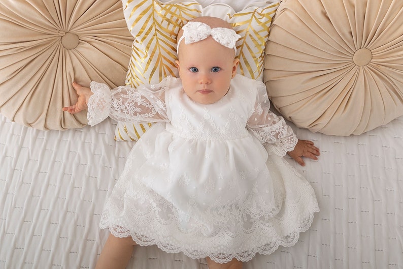 Christening gown, Baptism dress, Christening dress, Baby Girl Dress, Baby outfit, Boho dress, Lace Christening HEADBAND GRATIS image 1