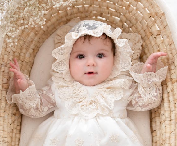 Ecru Lace Christening Gown: Beige Baptism Dress, Flower Girl - Etsy