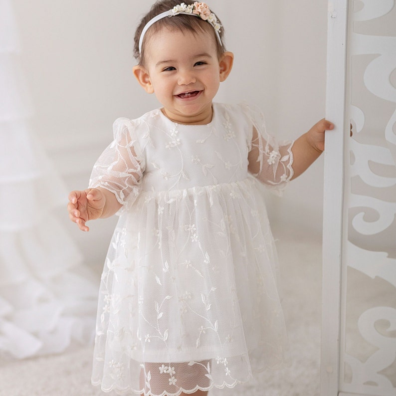 Summer baptism dress Dress with short sleeves Baptism dress Christening dress 1st birthday dress HEADBAND GRATIS image 1