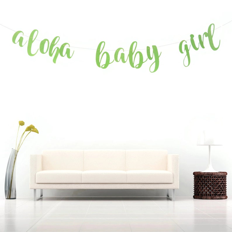 Hawaiian Aloha Baby Girl Cursive Banner Decorations Decor Shiny Banner Tropical Meet The Baby Decors Green Glitter Baby Shower Sign