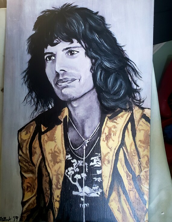 Freddie Mercury Print On Wood With Long Hair Wearing A Yellow Etsy