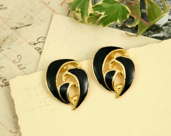 Vintage Black and Gold Earrings with Clip on Closure - Black Enamel 60s Earrings - Unique and Retro Clip Earrings Gold and Black Enamel