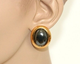 Vintage Gold Onyx Ohrringe - Oval Schwarze Ohrclips - Große Vintage Onyx Ohrringe aus den 1980er Jahren - Retro Oval Ohrclips