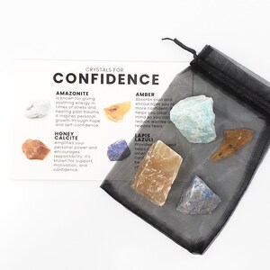 May include: A set of five crystals in a black mesh bag. The crystals are labeled with their names and properties for confidence. The crystals are: Amazonite, Honey Calcite, Amber, Lapis Lazuli, and Aventurine.