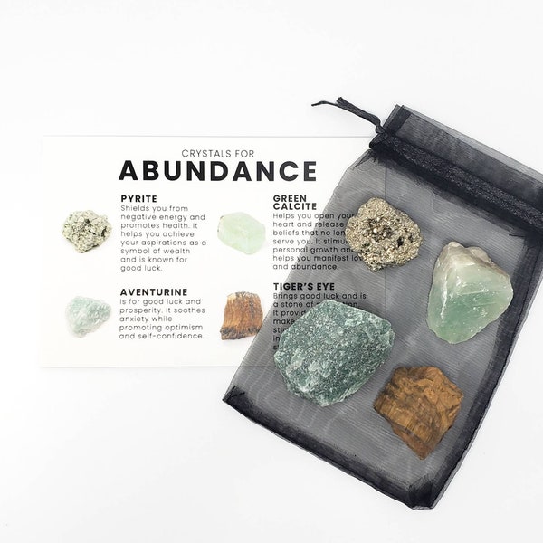 Crystals for Abundance |Raw Crystals + Crystal Description Card | Pyrite + Aventurine + Green Calcite + Tiger's Eye