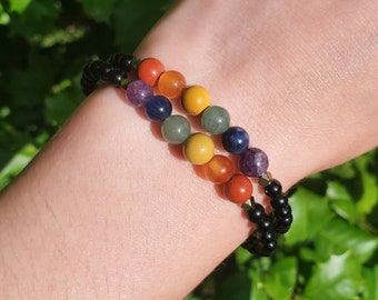 Rainbow Pride Black Onyx Handmade Crystal Bracelet | LGBTQ, Natural Crystal Beads, Minimalist Style, Custom Sizing, Spiritual Gift