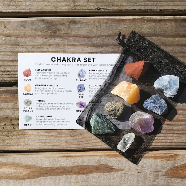 7 Chakra Raw Crystal Set | Red Jasper + Orange Calcite + Pyrite + Aventurine + Blue Calcite + Sodalite + Amethyst + Clear Quartz