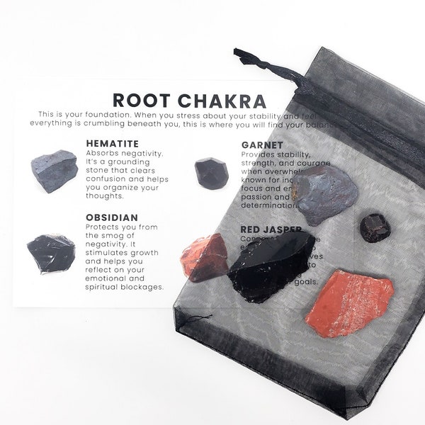 Root Chakra Raw Crystal Set | Raw Crystals + Crystal Description Card | Hematite + Garnet + Obsidian + Red Jasper