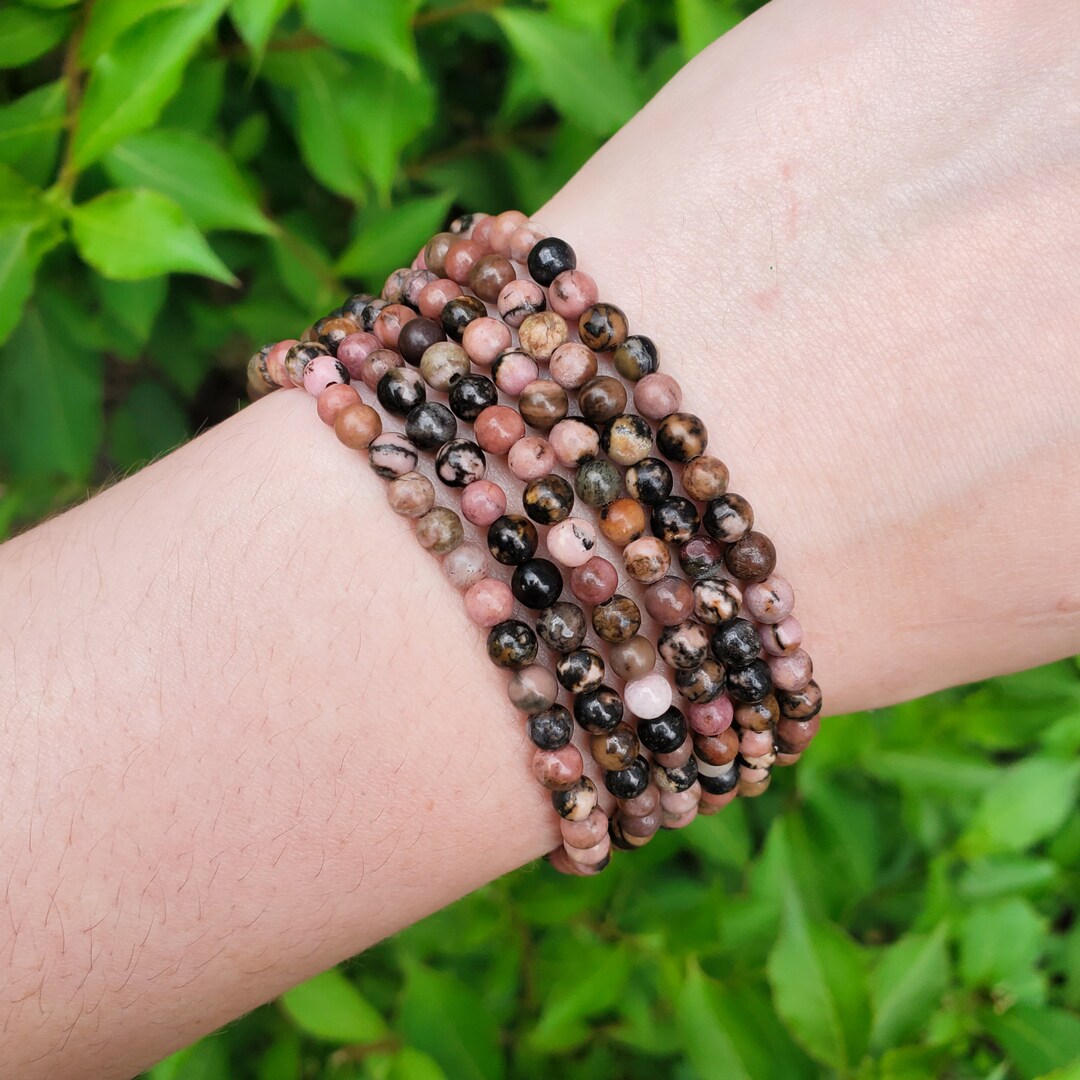 Rhodonite Handmade Bracelet Natural Crystal Beads, Minimalist Style