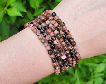 Rhodonite Handmade Bracelet | Natural Crystal Beads, Minimalist Style, Custom Sizing, Spiritual or Self-Care Gift