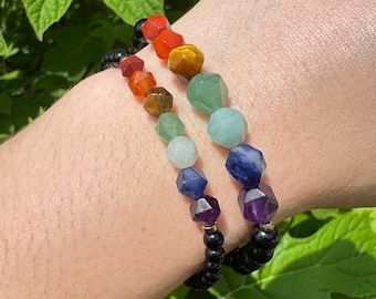 7 Chakra Handmade Bracelet | Natural Crystal Star Cut Beads, Custom Sizing, Spiritual or Self-Care Gift