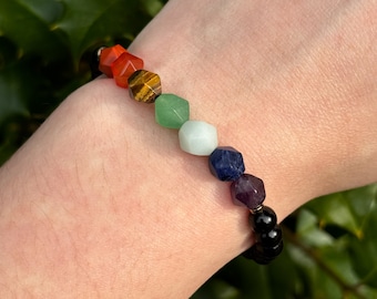 7 Chakra Handmade Bracelet | Natural Crystal Star Cut Beads, Custom Sizing, Spiritual or Self-Care Gift