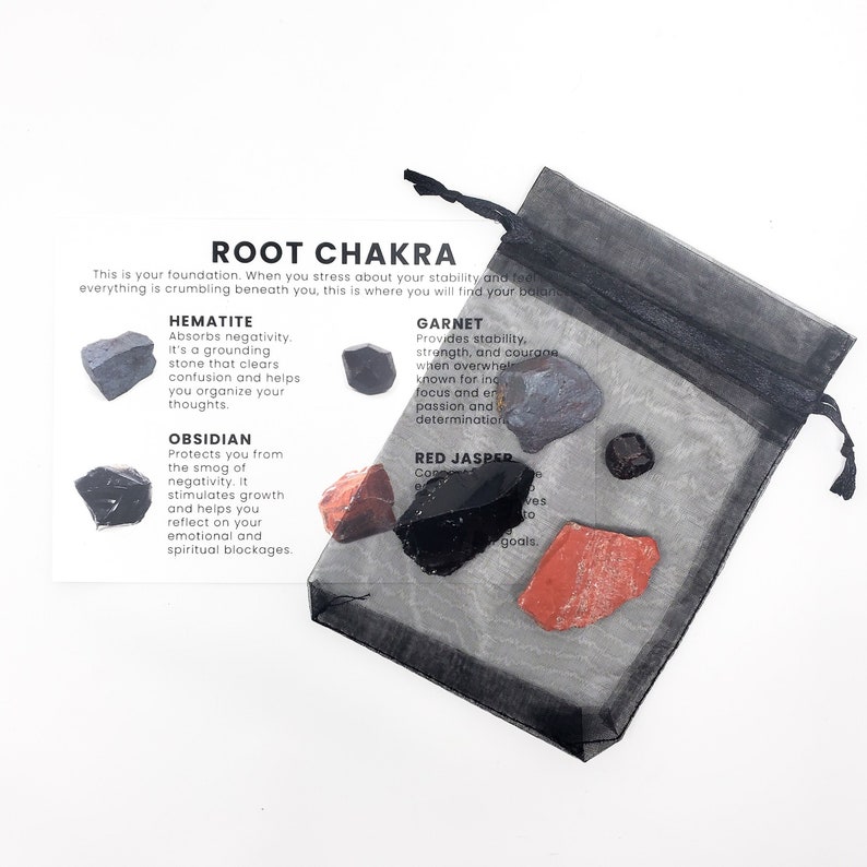 Root Chakra Raw Crystal Set Raw Crystals Crystal Description Card Hematite Garnet Obsidian Red Jasper image 1