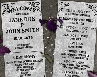 May include: Two rectangular wedding program cards with a grey textured background and black text. The left card displays the names Jane Doe and John Smith, the date 10/31/2024, and a ceremony schedule. The right card lists the wedding party members.