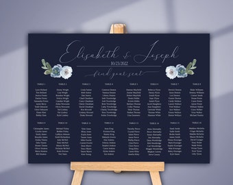 Printable Wedding Seating Chart, Modern Seating Sign, Wedding Seating Poster, Editable Floral Wedding Sign, Reception Seating, Navy Blue, E1