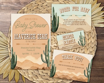 Boho Desert Cactus Southwestern Baby Shower Invitation Bundle, Cowboy Ranch Thank You Card, Books for Baby, Diaper Raffle Ticket Download M1