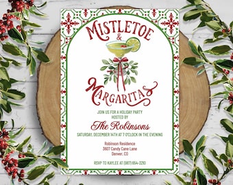 Può includere: Un invito rettangolare per una festa natalizia con un bordo a piastrelle rosse e verdi. Il testo recita Mistletoe & Margaritas, Join us for a holiday party hosted by The Robinsons, Saturday, December 14th at 7 o'clock in the evening, Robinson Residence, 3607 Candy Cane Lane, Denver, CO, RSVP to Kaylee at (987) 654-3210.