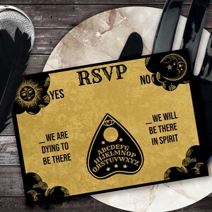 Ouija Board Wedding RSVP Enclosure Card Template with planchette detail, perfect for Fall, Halloween, gothic, vintage or witchy weddings. Customize wording, fonts and more. Gold and black, other colors available.