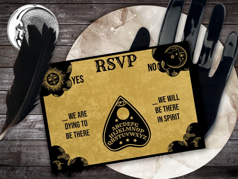 Ouija Board Wedding RSVP Enclosure Card Template with planchette detail, perfect for Fall, Halloween, gothic, vintage or witchy weddings. Customize wording, fonts and more. Gold and black, other colors available.