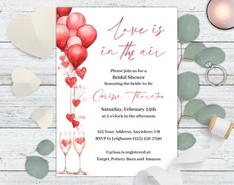 Love is in Air Bridal Shower Invitation Printable Sweetheart Watercolor Invite Template Valentine Couple's Party Cheers Instant Download L1